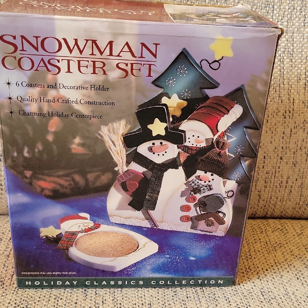 VINTAGE Snowman Coaster Set  Festive White and Black Green Red